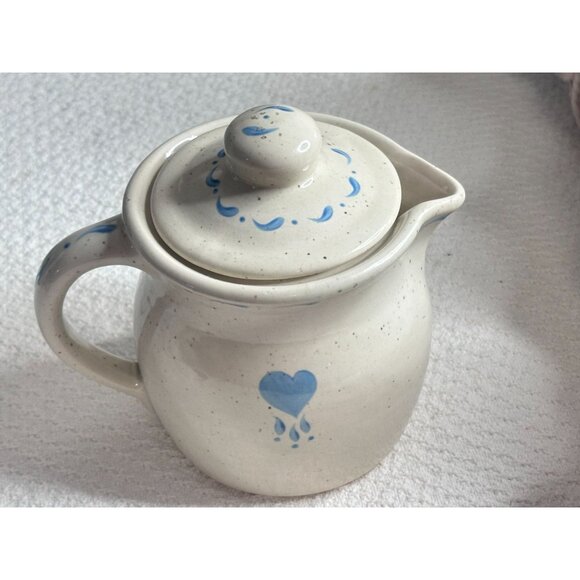 Stoneware Ceramic Creamer With Lid Blue Heart Design Unique Heart 7" - Picture 8 of 15